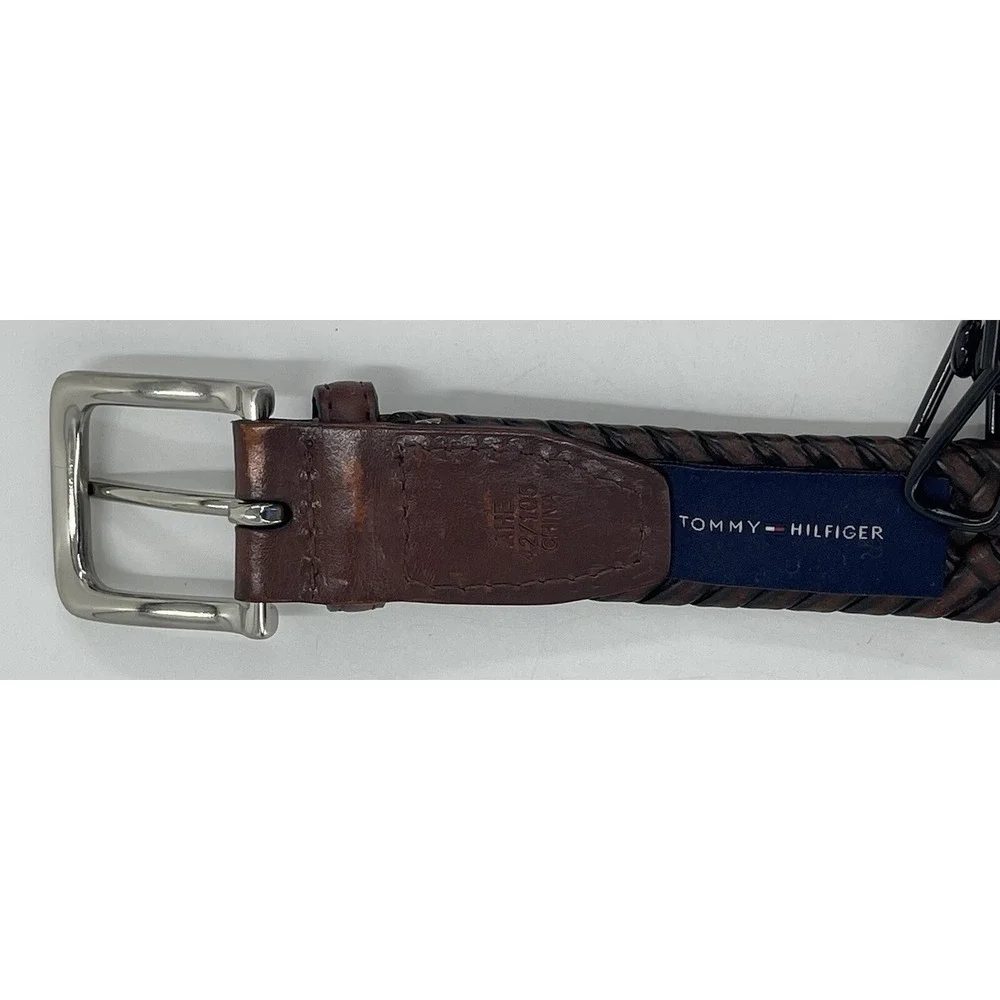 Tommy Hilfiger Braided Belt‎ Brown Leather Brushed Nickel Buckle Men's Size 42